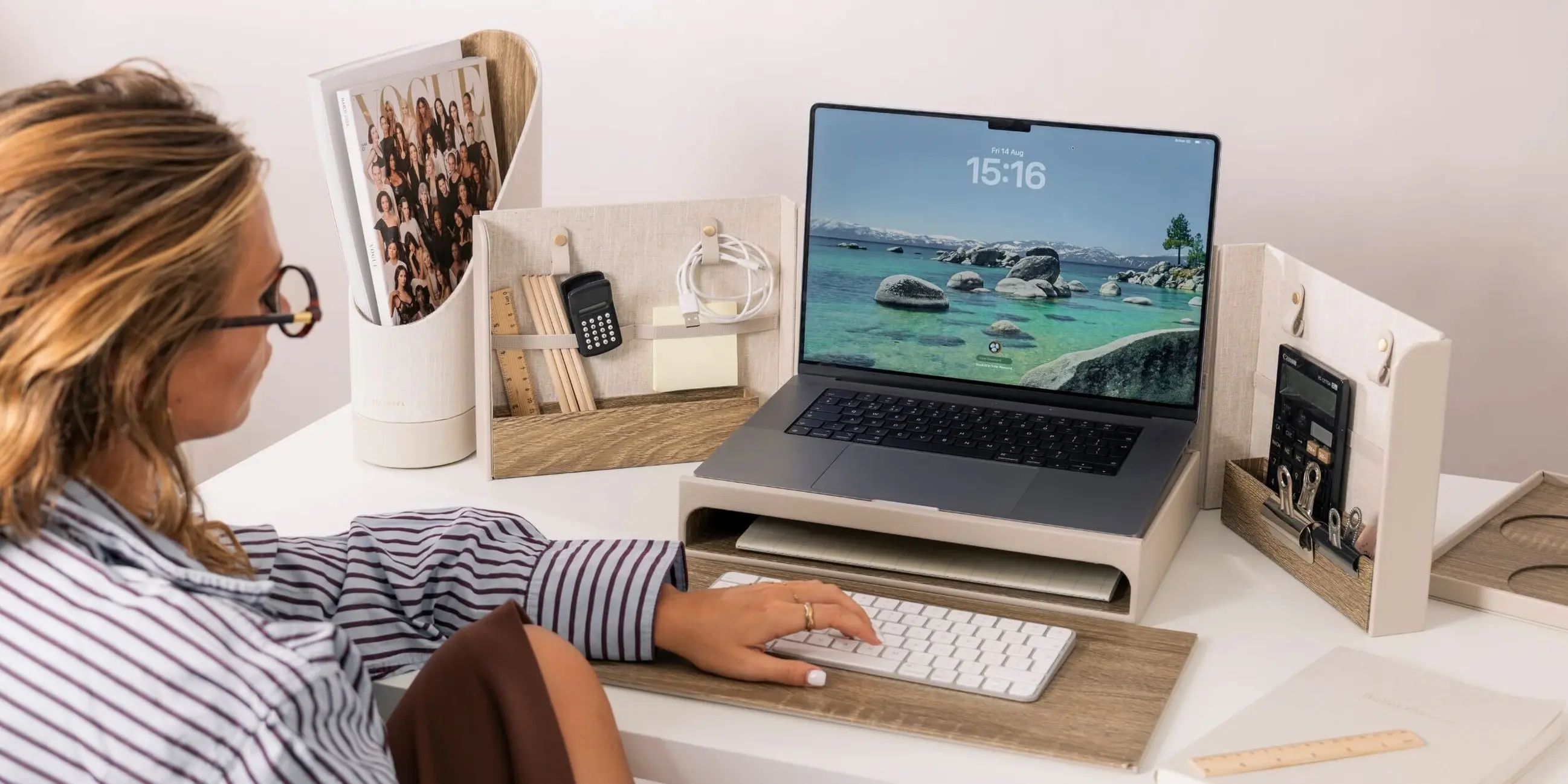 Back to work desk setup with laptop riser and linen desk organizers for home office organization